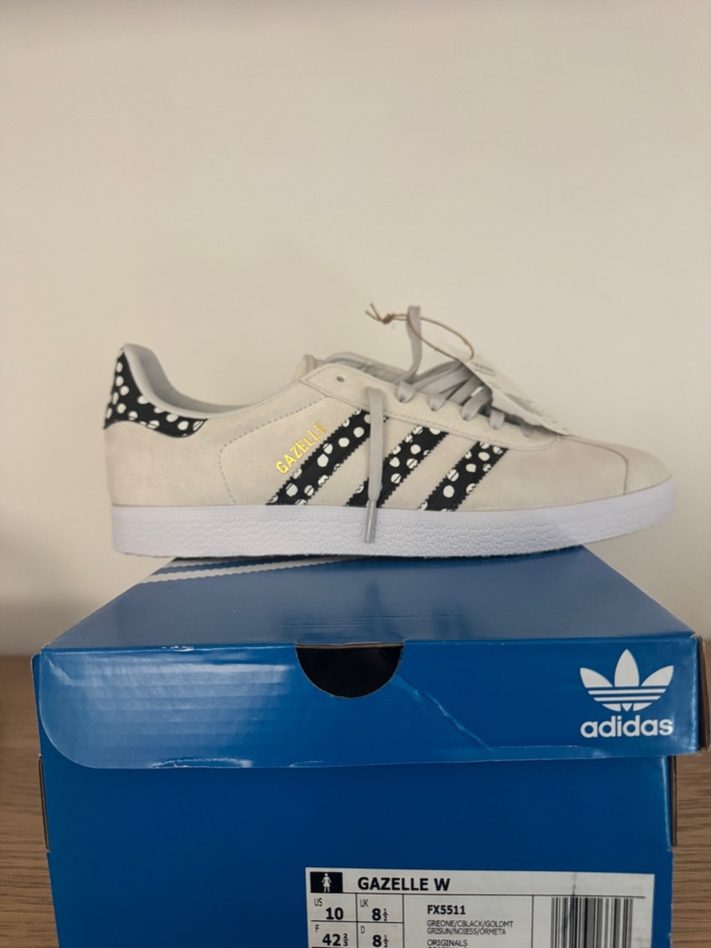 adidas Gazelle Women Cream Suede Sneakers with Black Polka-Stripe